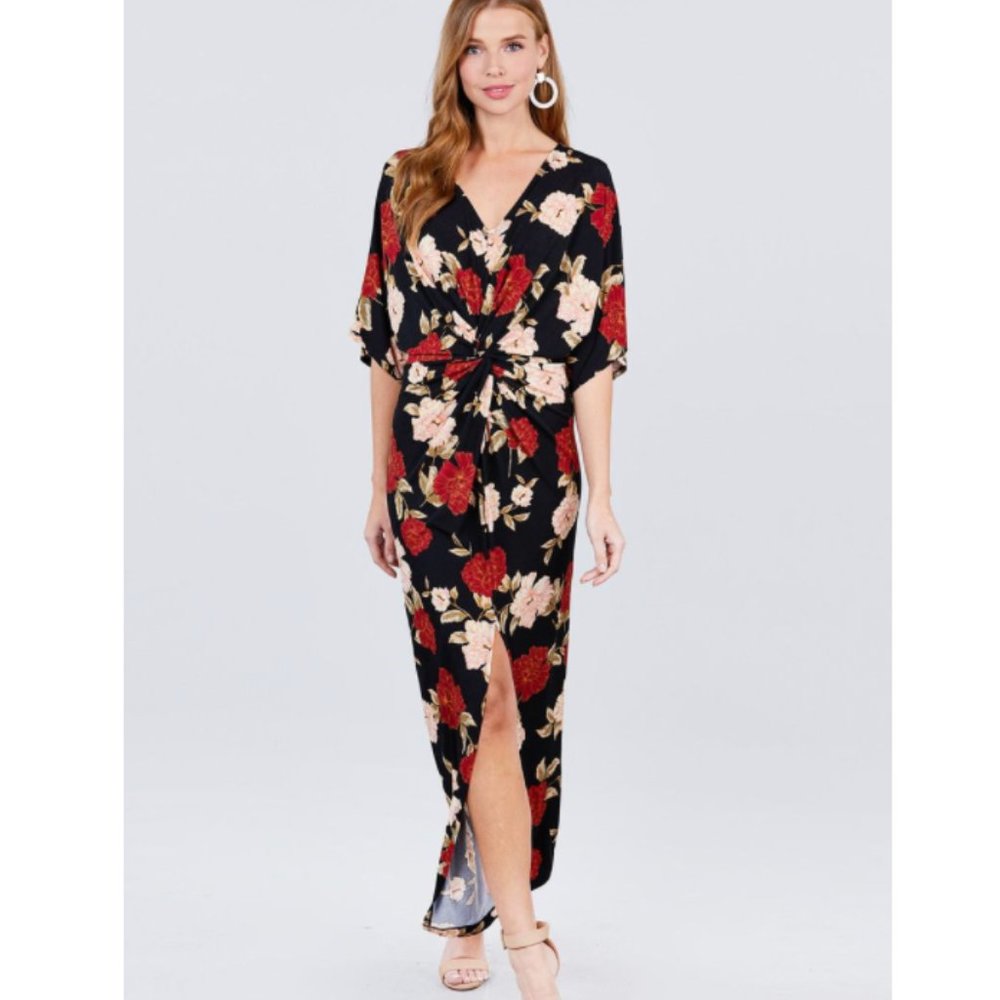 Short Dolman Sleeve V-neck Front Knot Maxi Dress